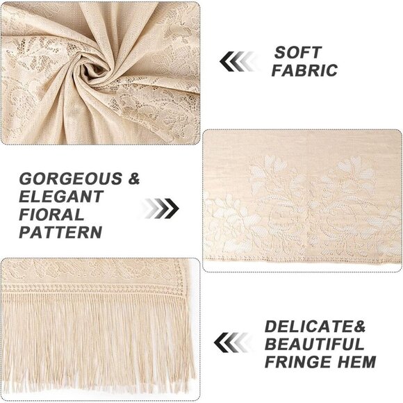 Women's Floral Lace Scarf Shawl with Tassels, Soft Mesh Fringe Wraps for Wedding - Picture 5 of 7